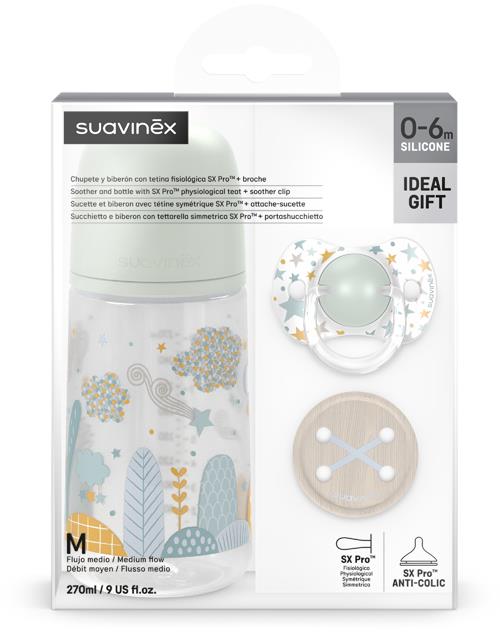 Suavinex Sada láhev 270 ml + dudlík fyziologický 0-6m + klip Dreams zelená