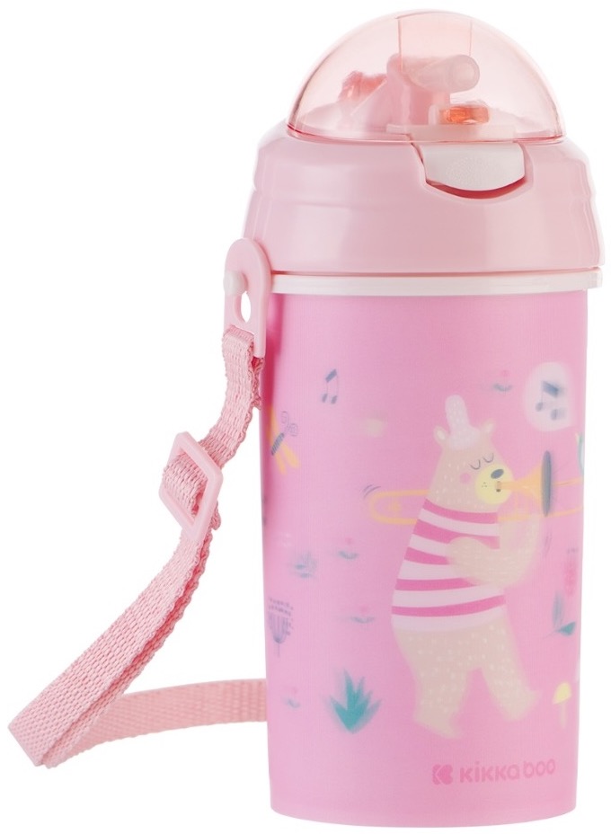 KikkaBoo Hrnek se silikonovým brčkem a popruhem Music Fest Pink