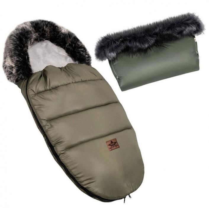Baby Nellys Zimní fusak FLUFFY s kožešinou + rukávník zdarma, 50 × 100 cm, olivový