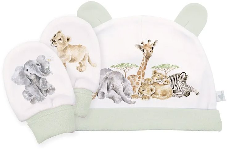 Wrendale Designs Kojenecká čepička a rukavičky Africká zvířátka