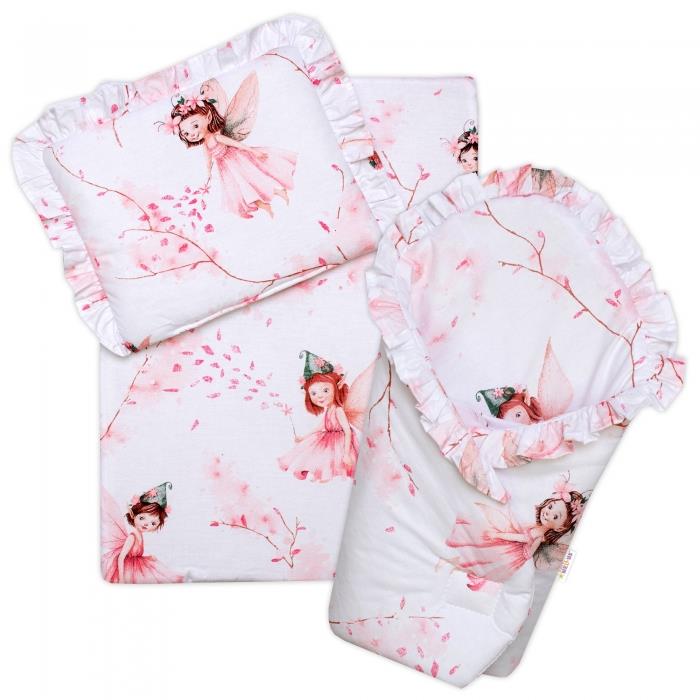 Baby Nellys Sada pro panenku 3D - zavinovačka, peřinka a polštářek, Elfí Víla, růžová