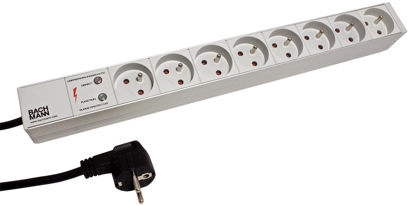 Bachmann 19'' napájecí panel 1U, 8 × zásuvka CZ, přepěťová ochrana, šedý, 2 m