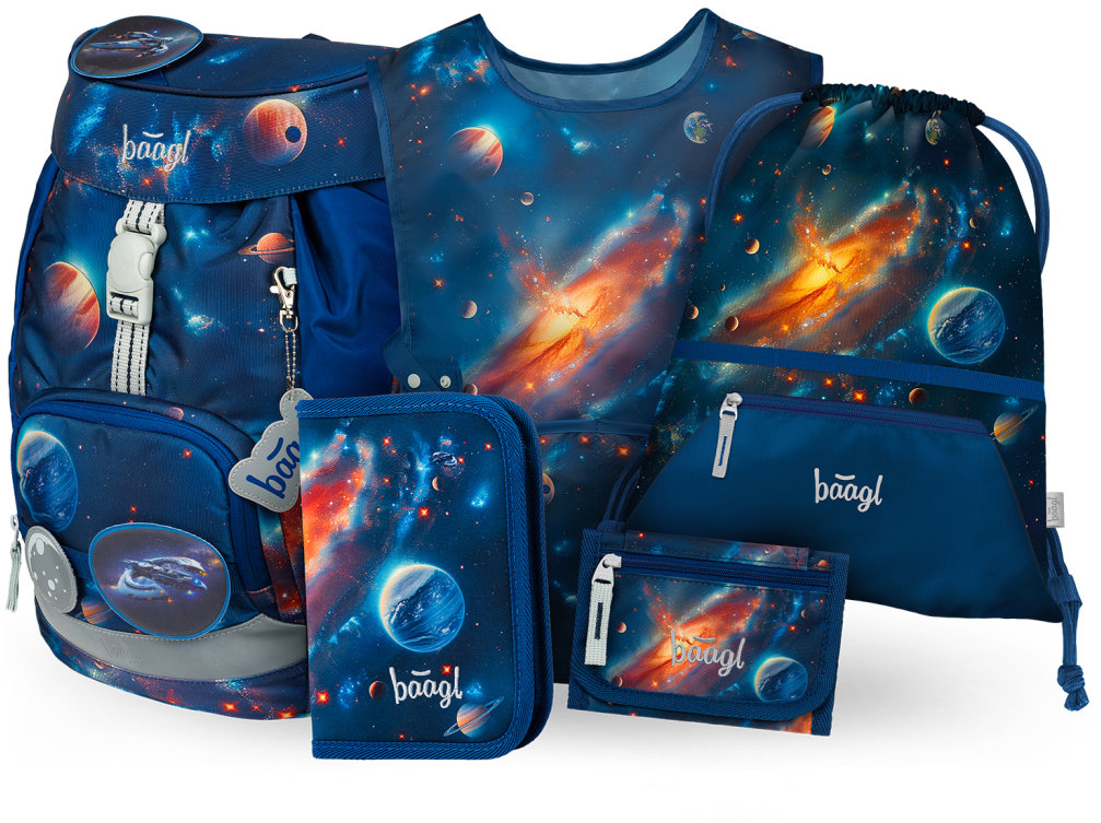 BAAGL SET 5 Airy Vesmír: batoh, penál, sáček, zástěra, peněženka
