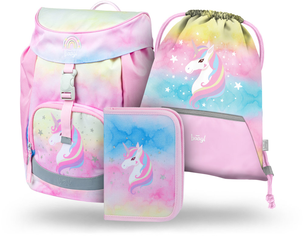 BAAGL 3 SET Airy Rainbow Unicorn: aktovka, penál, sáček
