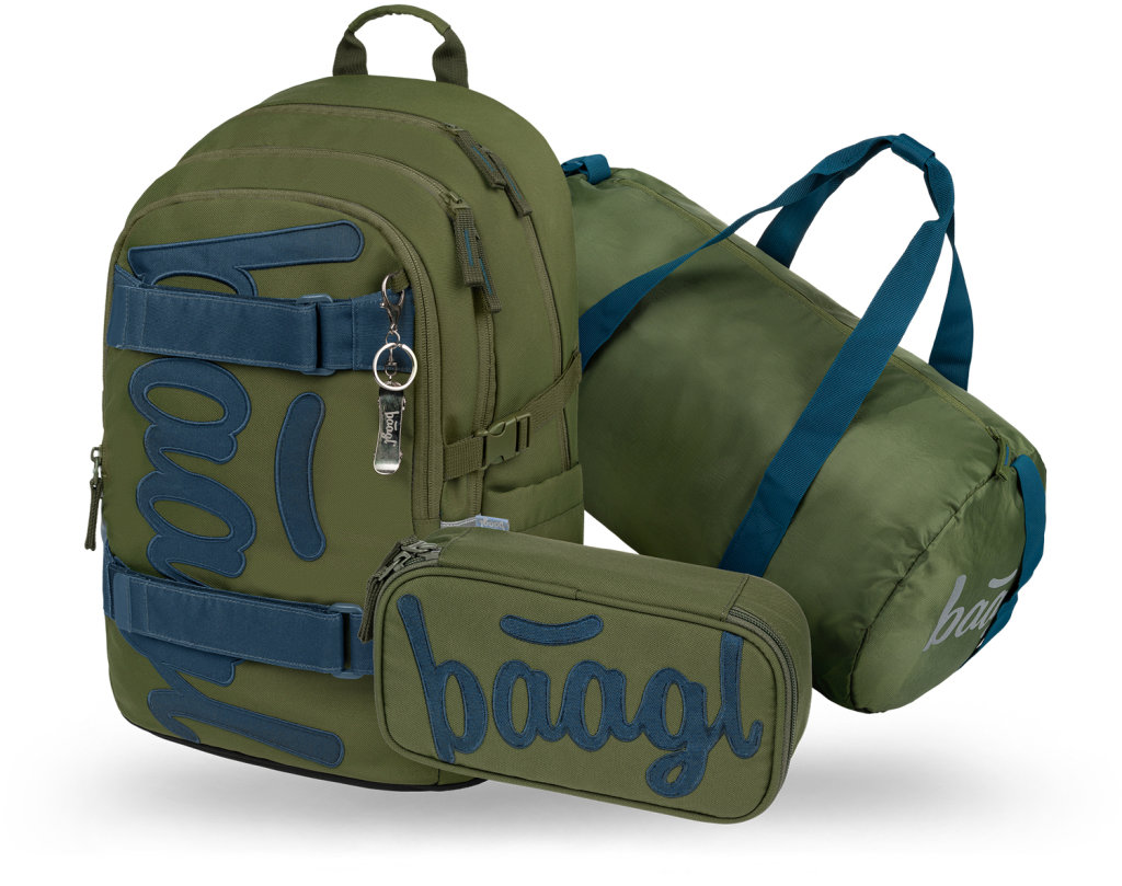 BAAGL SET 3 Skate Olive: batoh, penál, sportovní taška GRS
