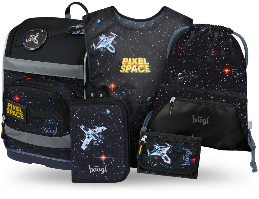 BAAGL SET 5 Zippy Plus Pixel Space: aktovka, penál, sáček, zástěra, peněženka