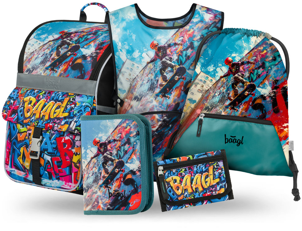 BAAGL SET 5 Zippy Skatepark: aktovka, penál, sáček, zástěra, peněženka