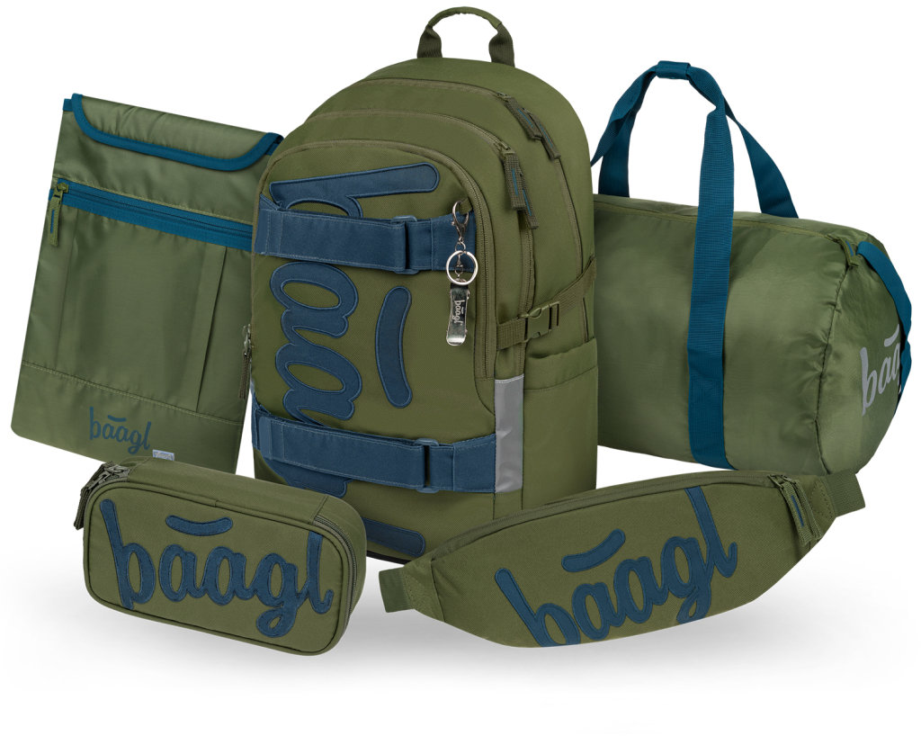 BAAGL SET 5 Skate Olive: batoh, penál, sportovní taška, ledvinka, obal na notebook GRS