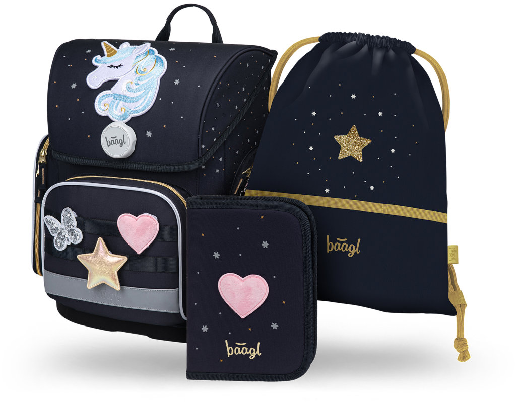 BAAGL SET 3 Ergo Unicorn Gold: aktovka, penál, sáček