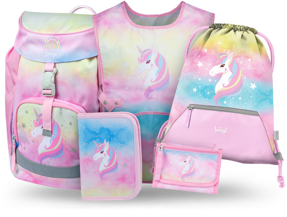 BAAGL SET 5 Airy Rainbow Unicorn: batoh, penál, sáček, zástěra, peněženka