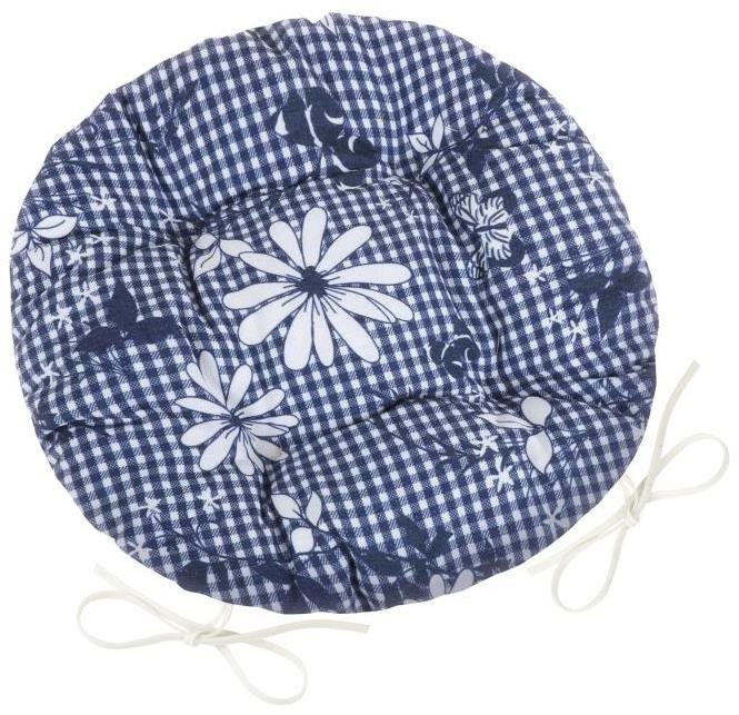 BELLATEX Sedák DITA 62/410 - kulatý, prošívaný, prům.40cm, modrá kostička s květem