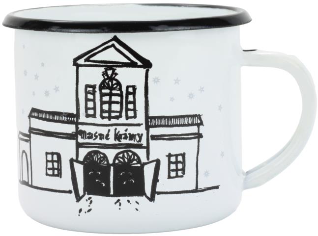 BELIS Smaltovaný hrnek 8 cm/0,35 l, bílý "masné krámy" v krabičce