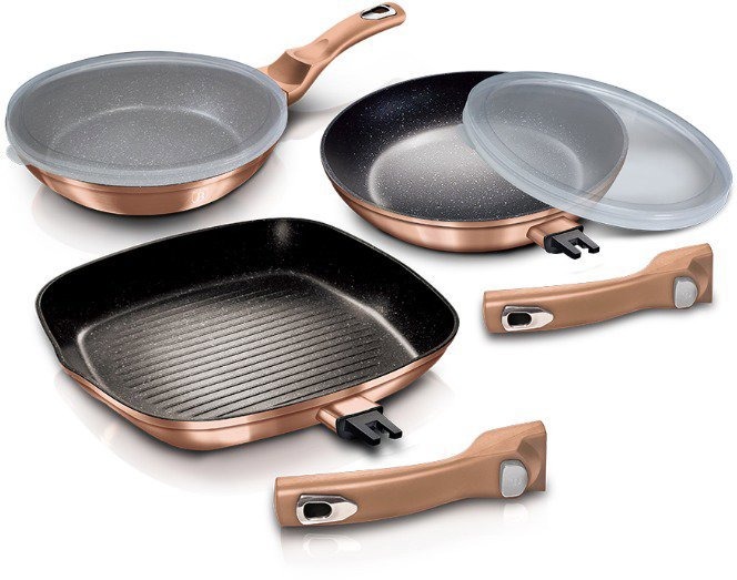 BerlingerHaus Rosegold Metallic Line Sada pánví 5 ks s odnímatelnou rukojetí a mramorovým povrchem