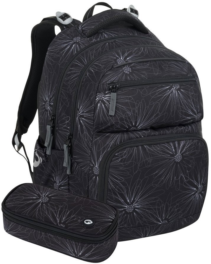 BAGMASTER Zipster 25 A černý s bílými květy: batoh, penál