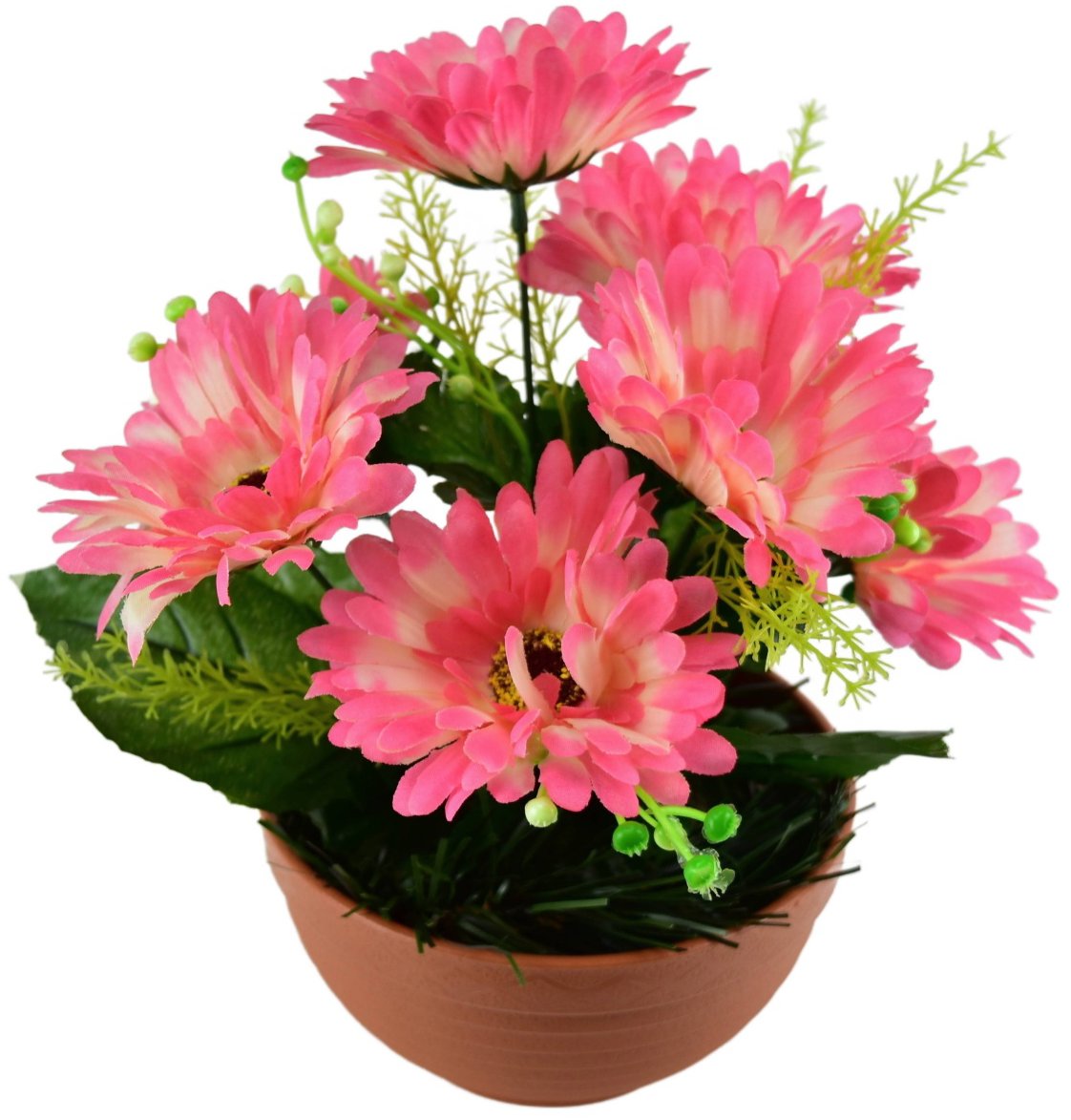 BerryHome Gerbery růžové 7 květů v terakotové misce, průměr 22/24 cm