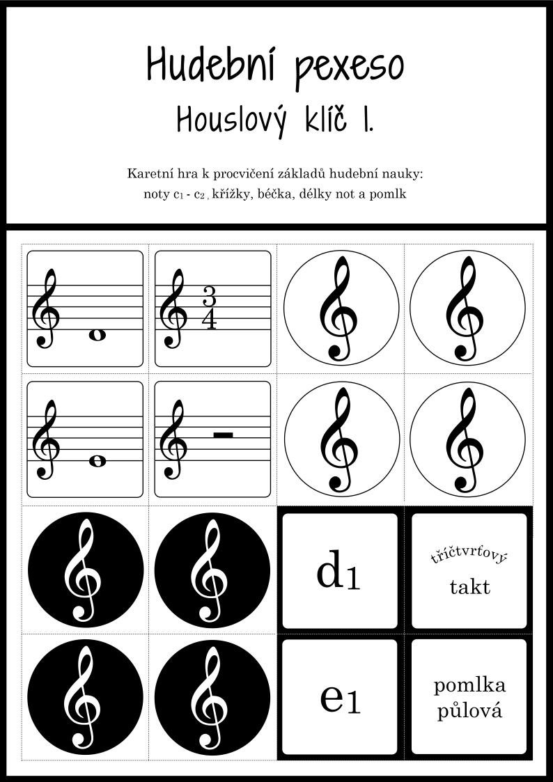 Hudební pexeso - Houslový klíč 1 - 72 kartiček pro zábavnou výuku hudební nauky