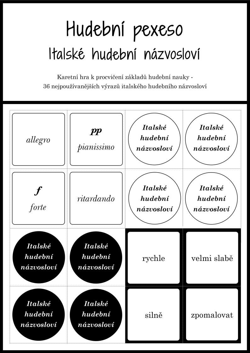 Hudební pexeso - Italské hudební názvosloví - 72 kartiček pro zábavnou výuku hudební nauky