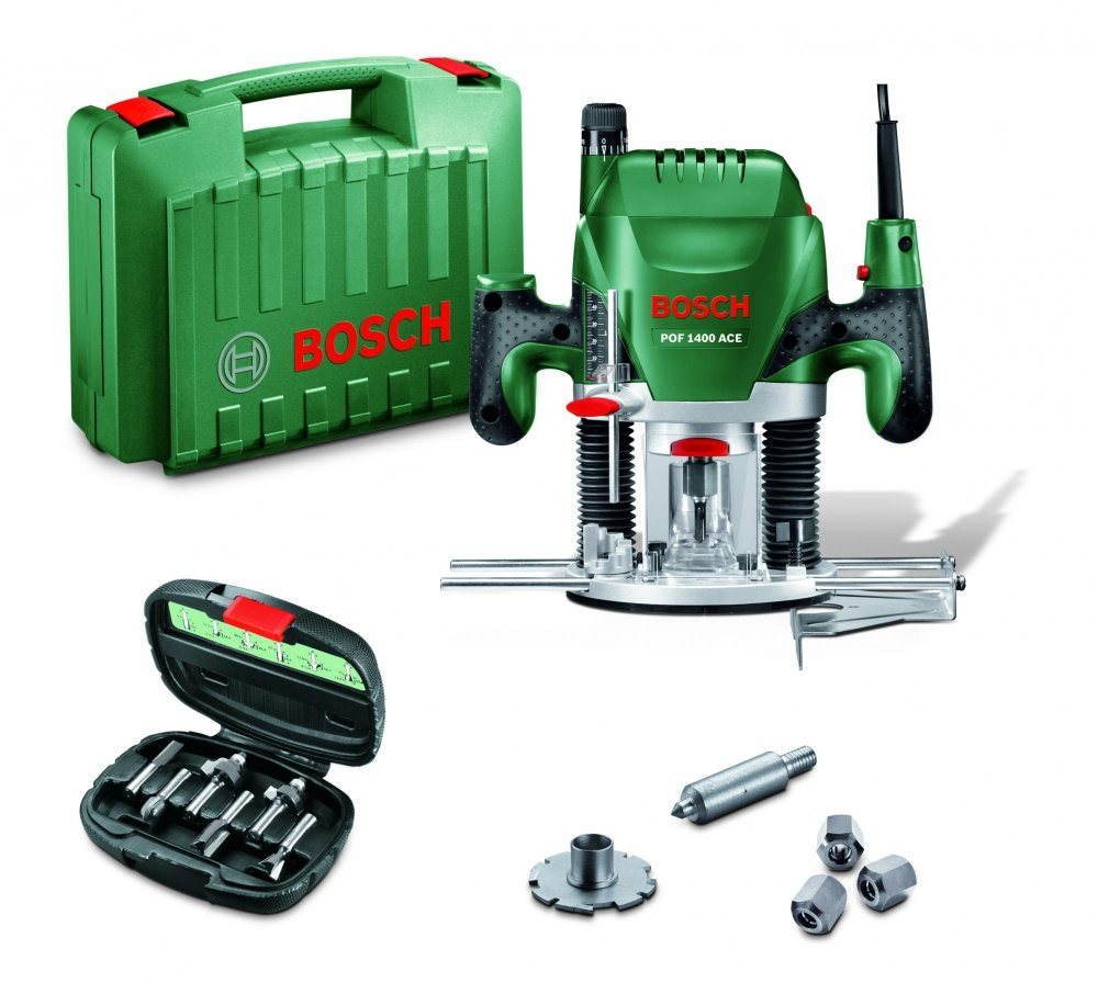 BOSCH Frézka elektrická POF 1400 ACE + 6 dílná sada frézovacích bitů 0.603.26C.801