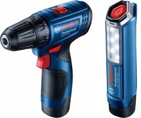 BOSCH Professional Vrtačka AKU GSR 120-LI, svítilna GLI 12V-300, kufr 0.601.9G8.002 (2 × 2 Ah)