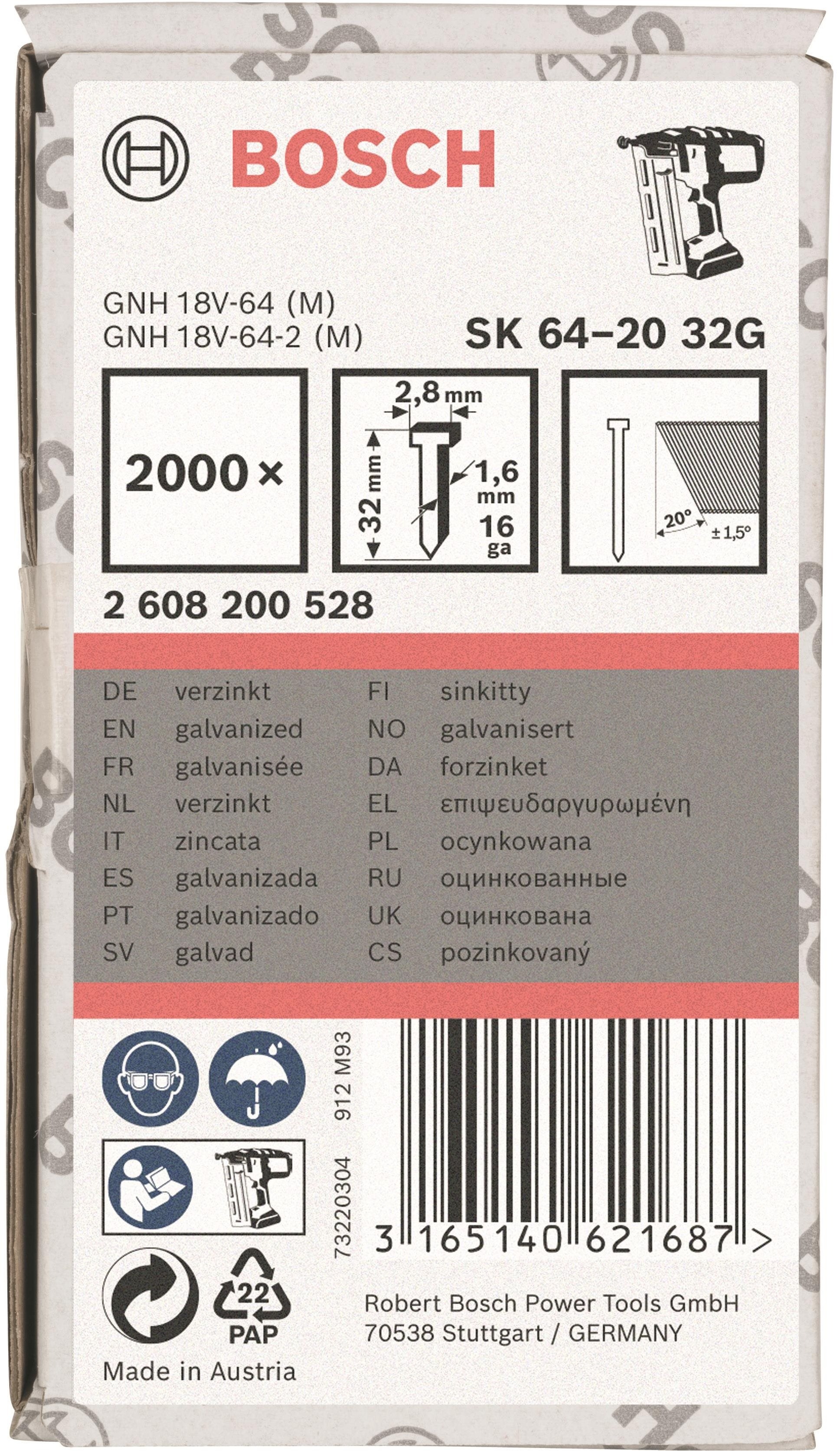 BOSCH Hřeby se zápustnou hlavou SK64 20G 32 mm, pozinkovaný 2.608.200.528