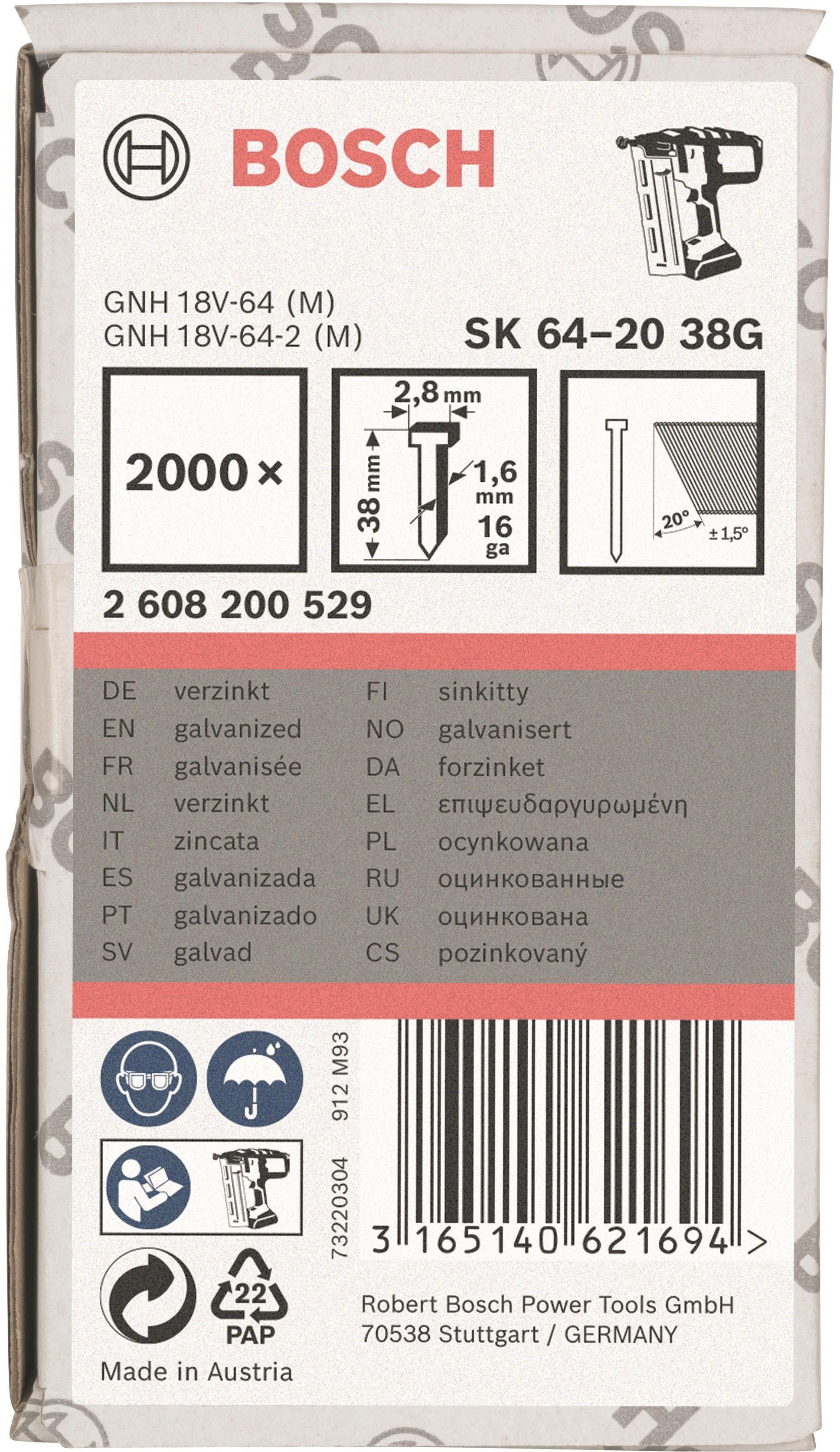 BOSCH Hřeby se zápustnou hlavou SK64 20G 38 mm, pozinkovaný 2.608.200.529