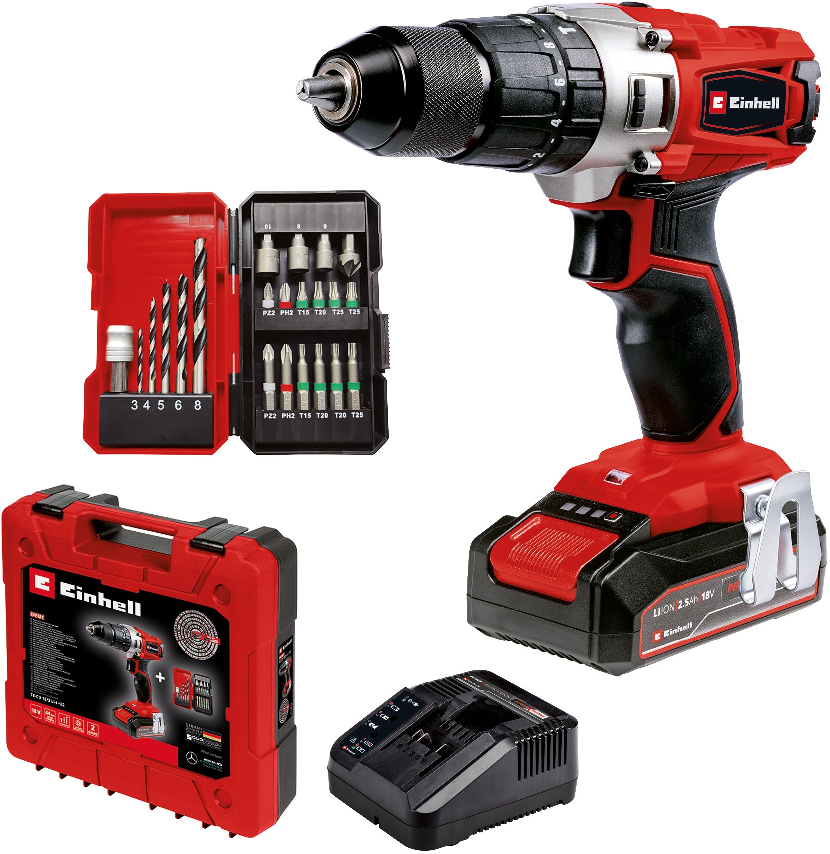 EINHELL Šroubovák AKU s příklepem + vrtáky, bity TE-CD 45706 Li-i, 4514220 (1x2,5 Ah)