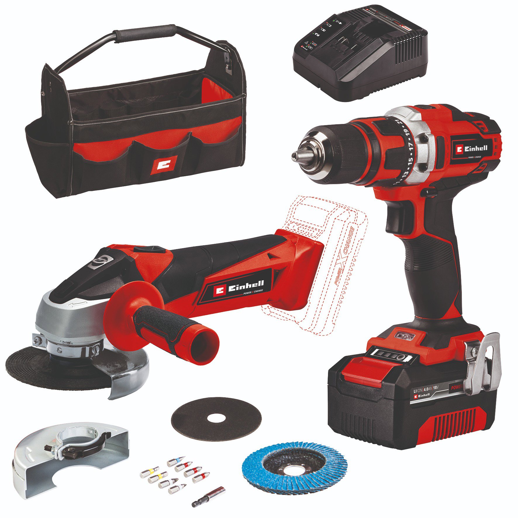 EINHELL Set vrtačky + úhlové brusky AKU TE-TK 18/2 Li Kit CD+AG, 4257240 (1x4 Ah)
