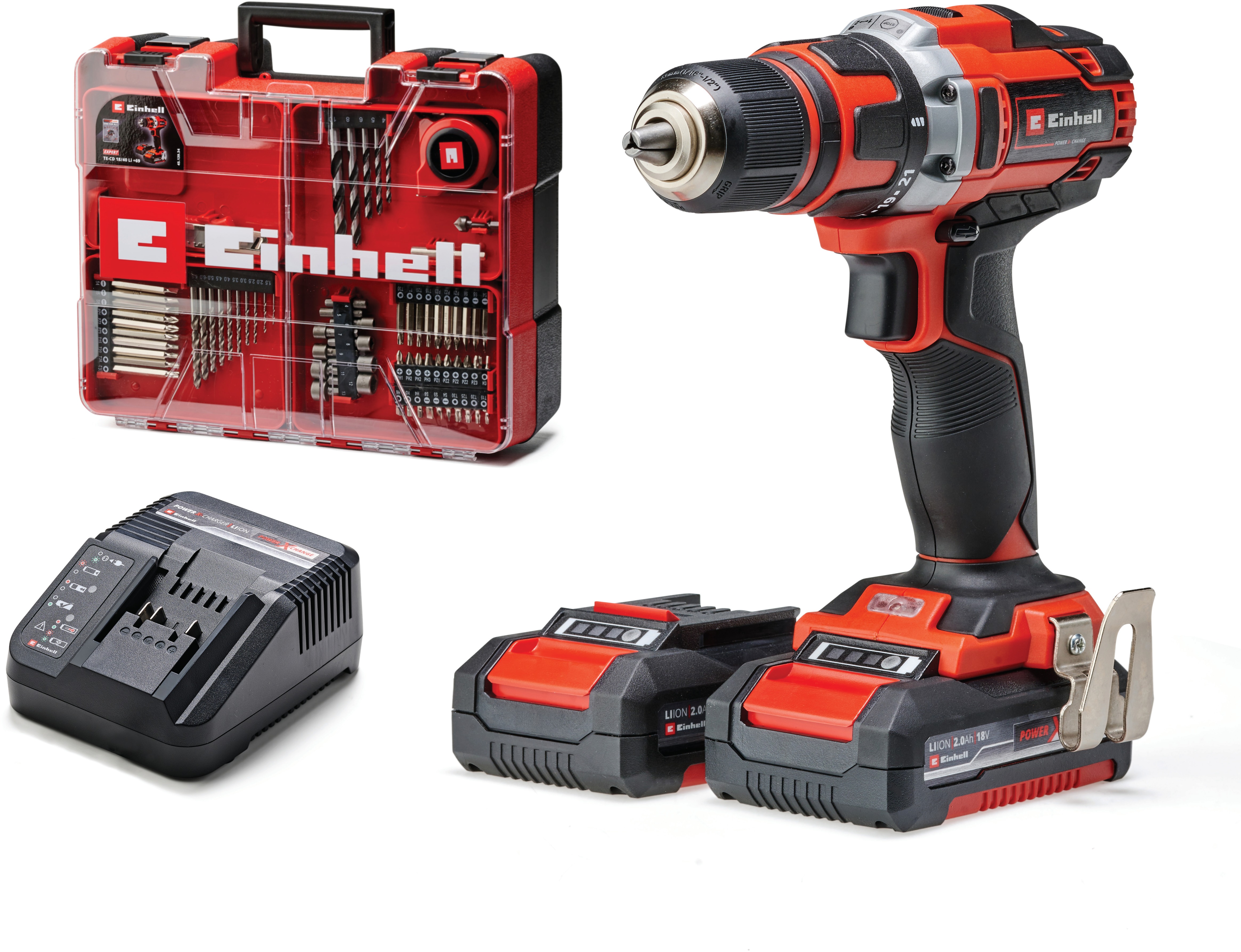 EINHELL Vrtačka AKU TE-CD 18/40 Li + 69 ks příslušenství, 4513934 (2x2 Ah)
