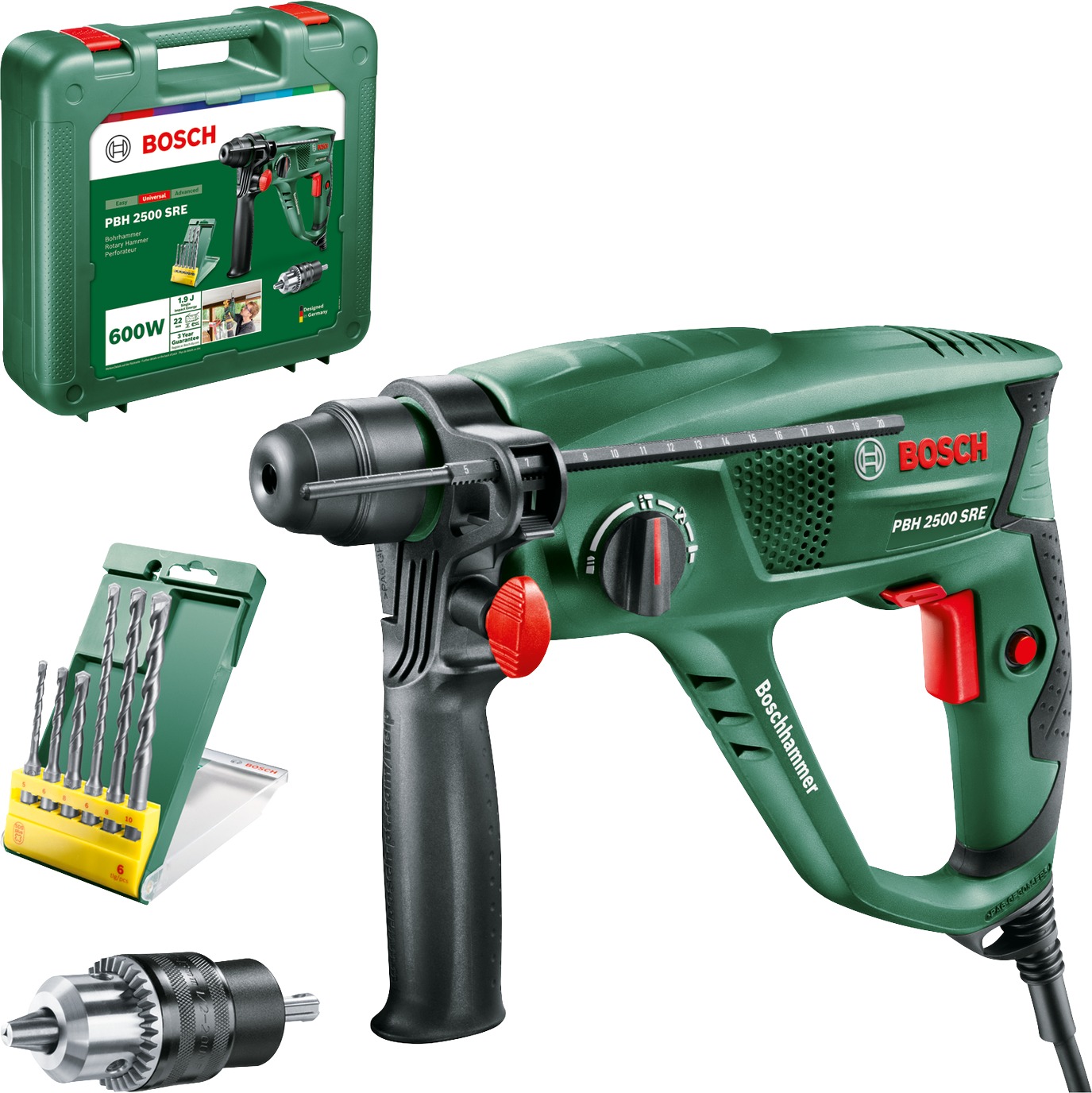 BOSCH Vrtací kladivo elektrické PBH 2500 SRE, sada vrtáků 6 ks 0.603.344.402