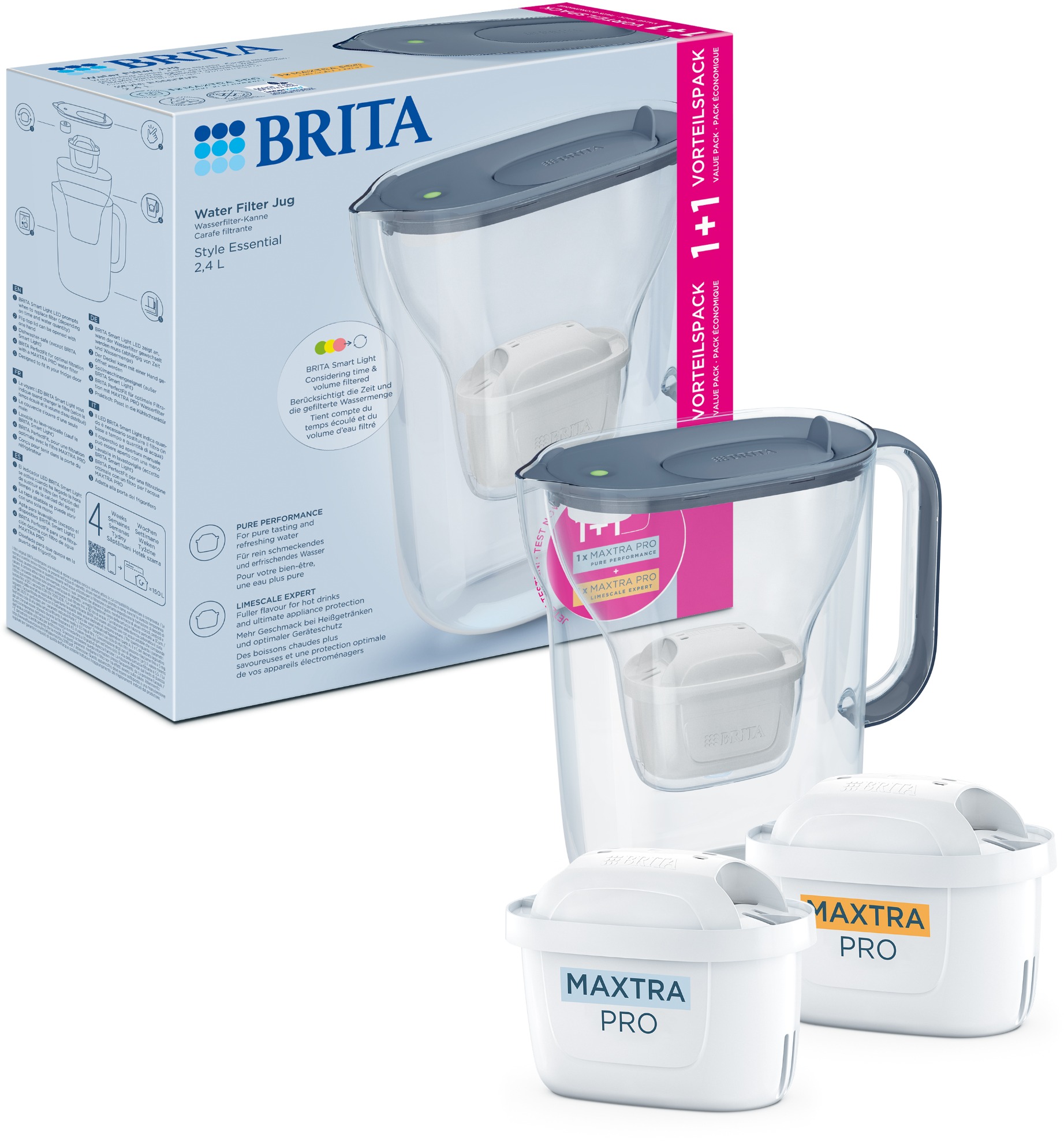 Brita Style Essential +2 filtry Maxtra Pro (Hard Water a Pure Performance), šedomodrá