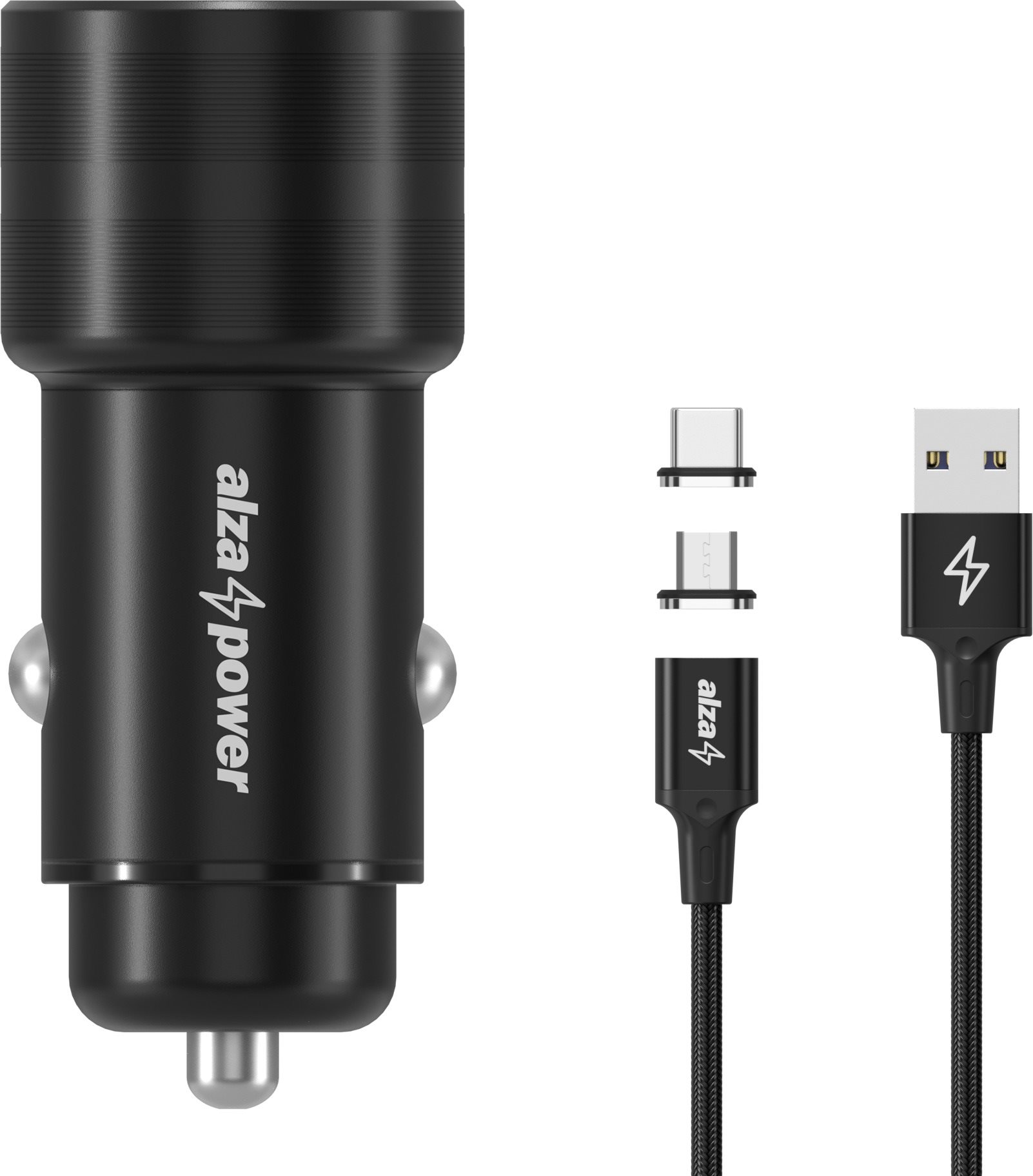 AlzaPower Car Charger P520 USB + USB-C Power Delivery černá + MagCore 2in1 USB-C + Micro USB, 5A, 1m