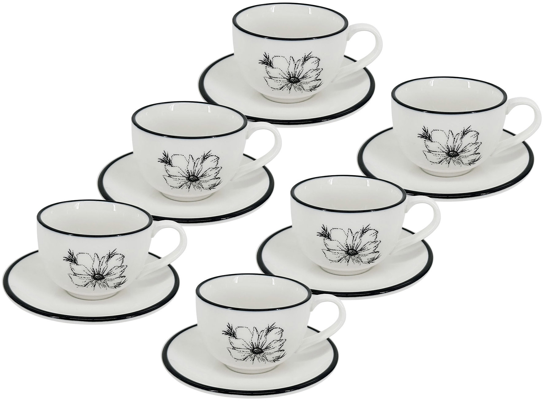 by inspire Set 6 ks - Cappuccino šálek s podšálkem Alba Dash Bloom, 200 ml, černá kytka