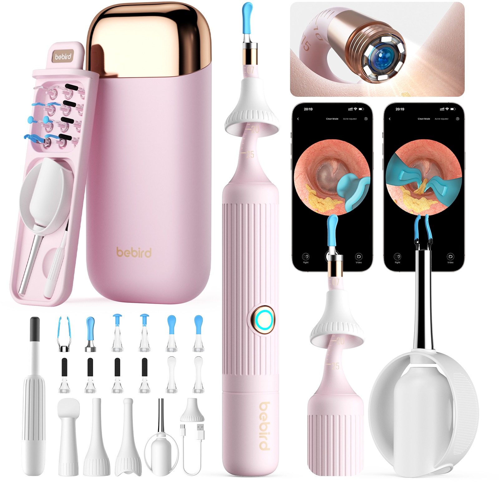 Bebird EarSight Plus I35R - čistič ušního mazu s kamerou, růžový