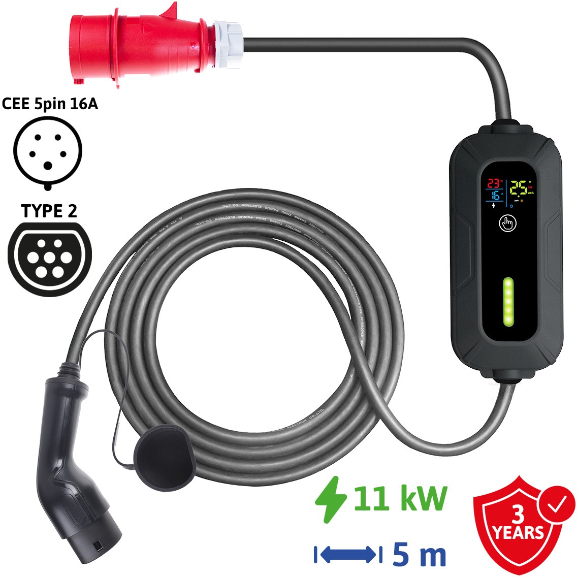 Sectron Lite Přenosná nabíječka pro elektromobil - 16A, 11 kW, 400V, CEE 5pin - Type 2, délka 5 m