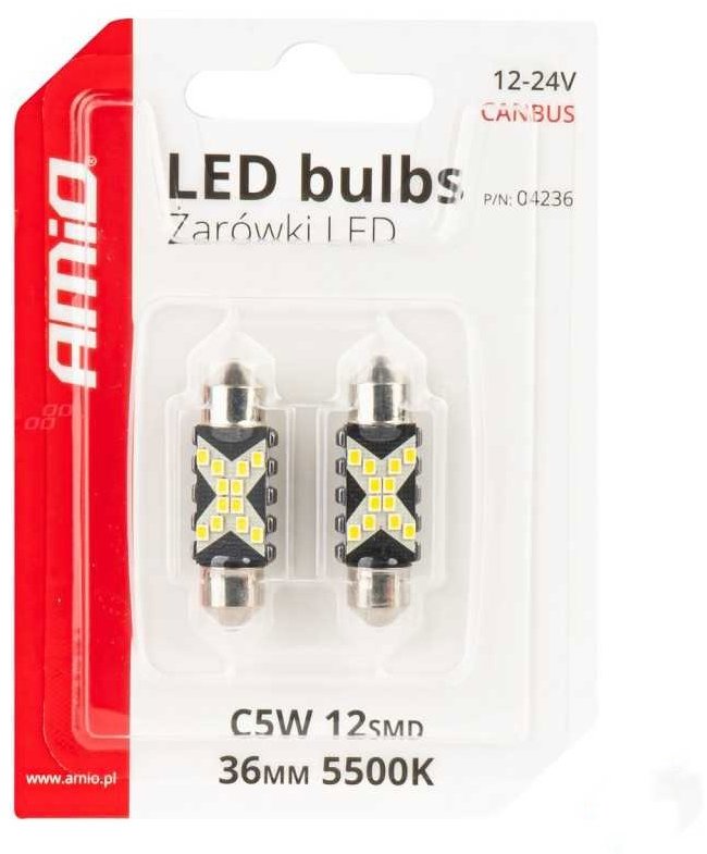 AMIO LED žárovky Festoon CANBUS 12/24 V SV 36 mm čiré, 2 ks