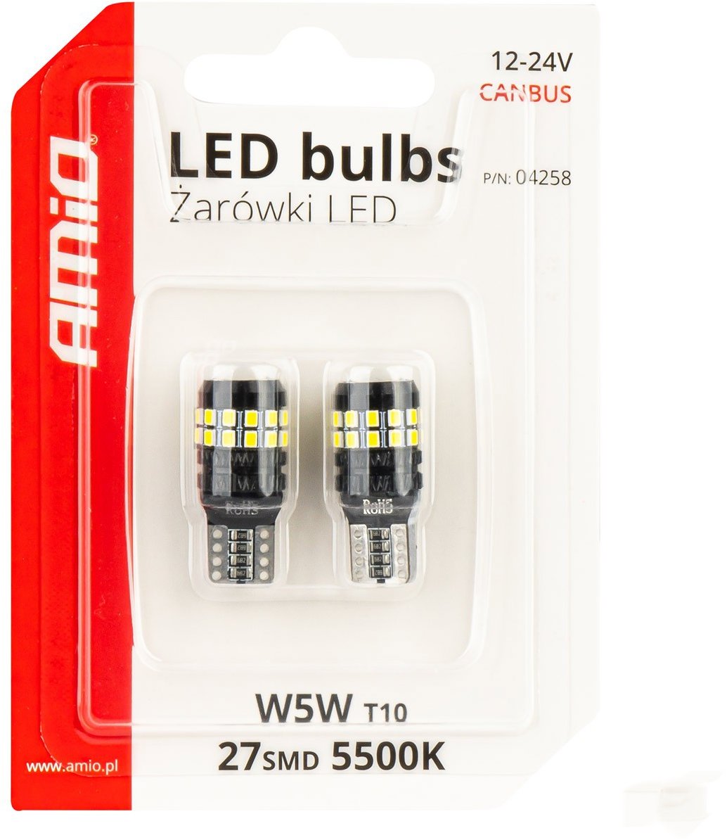 AMIO LED žárovky 12 V/24 V 5 W W2,1 × 9,5 d CANBUS, čiré, 2 ks