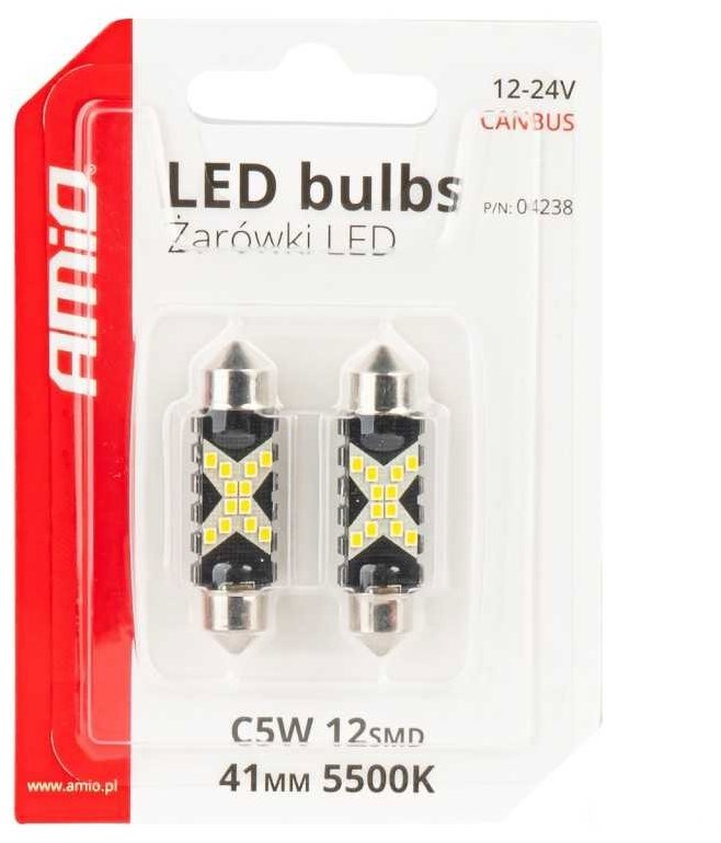 AMIO LED žárovka Festoon CANBUS 12/24V SV41mm čiré, 2 ks