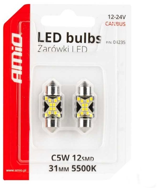 AMIO LED žárovka Festoon CANBUS 12/24V SV31mm čiré, 2 ks