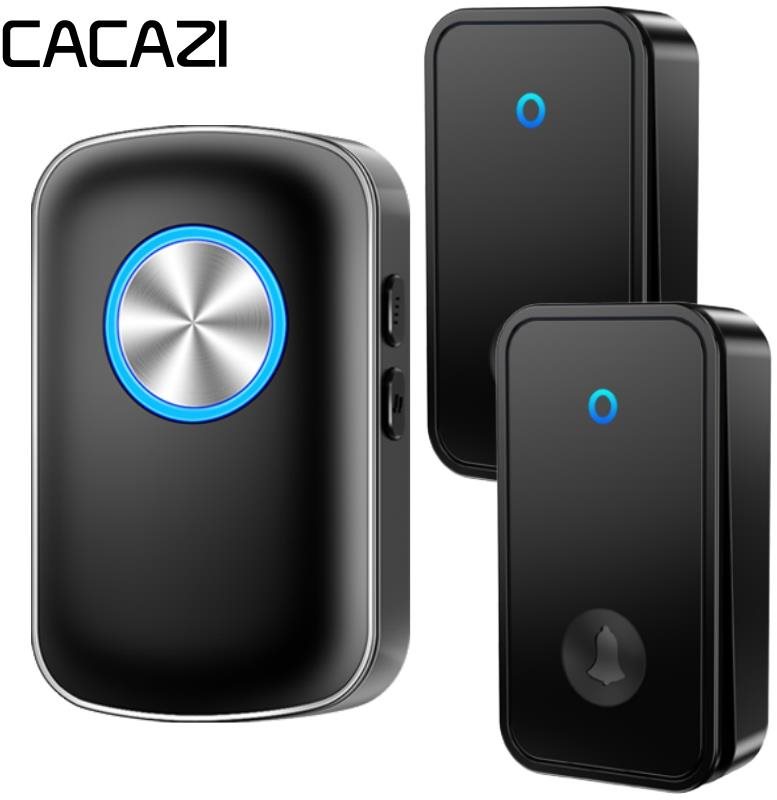 CACAZI FA28 Bezdrátový bezbateriový zvonek – 1× přijímač + 2× tlačítko - černý
