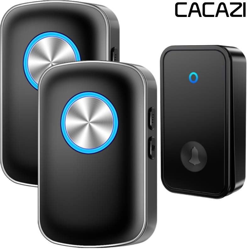 CACAZI FA28 Bezdrátový bezbateriový zvonek – 2× přijímač + 1× tlačítko - černý