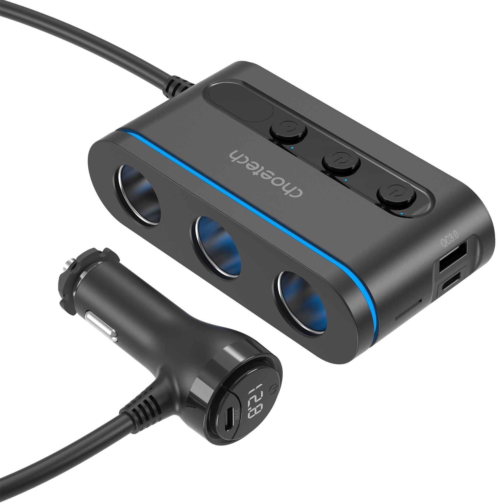 ChoeTech 3 Sockets 2C+1A PD30W Cigarette Lighter Splitter