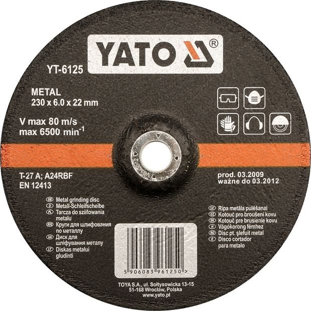 YATO Kotouč na kov 125 x 22 x 6,0 mm vypouklý brusný YT-6124