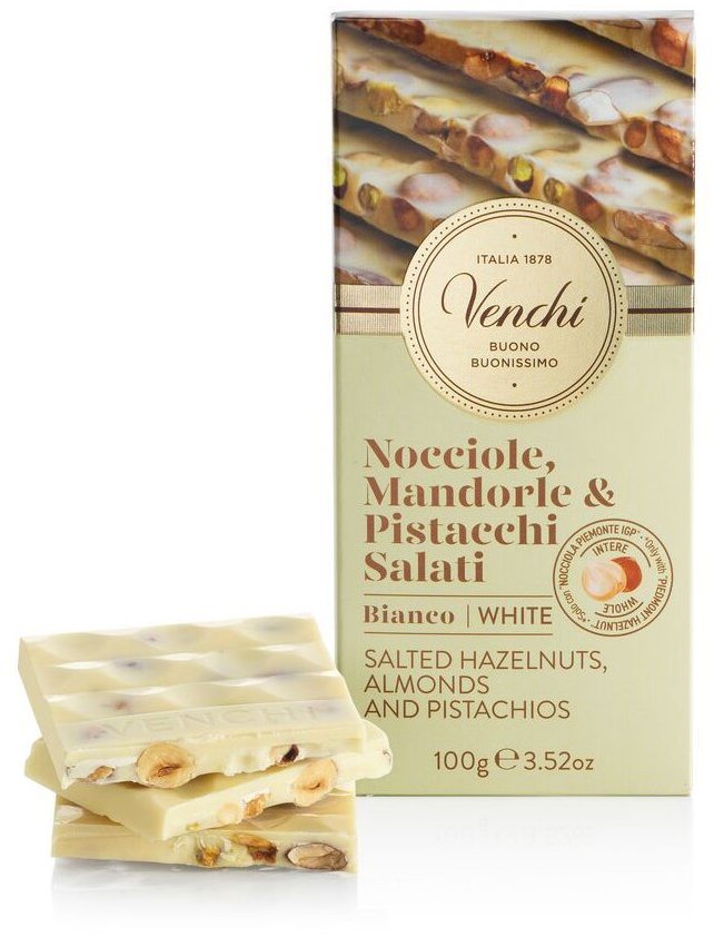 Venchi Bílá italská čokoláda se slanými oříšky, mandle, pistácie a piemontské lískové ořechy, 100 g