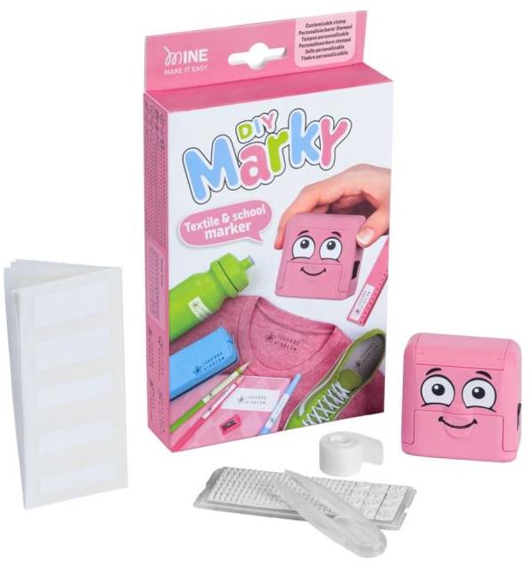 Samobarvící textilní razítka COLOP Marky DIY, růžová s černým otiskem.