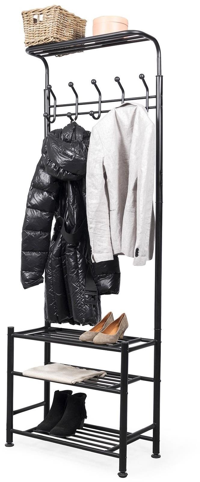 Předsíňová věšáková stěna Compactor v černé barvě s policemi na boty.