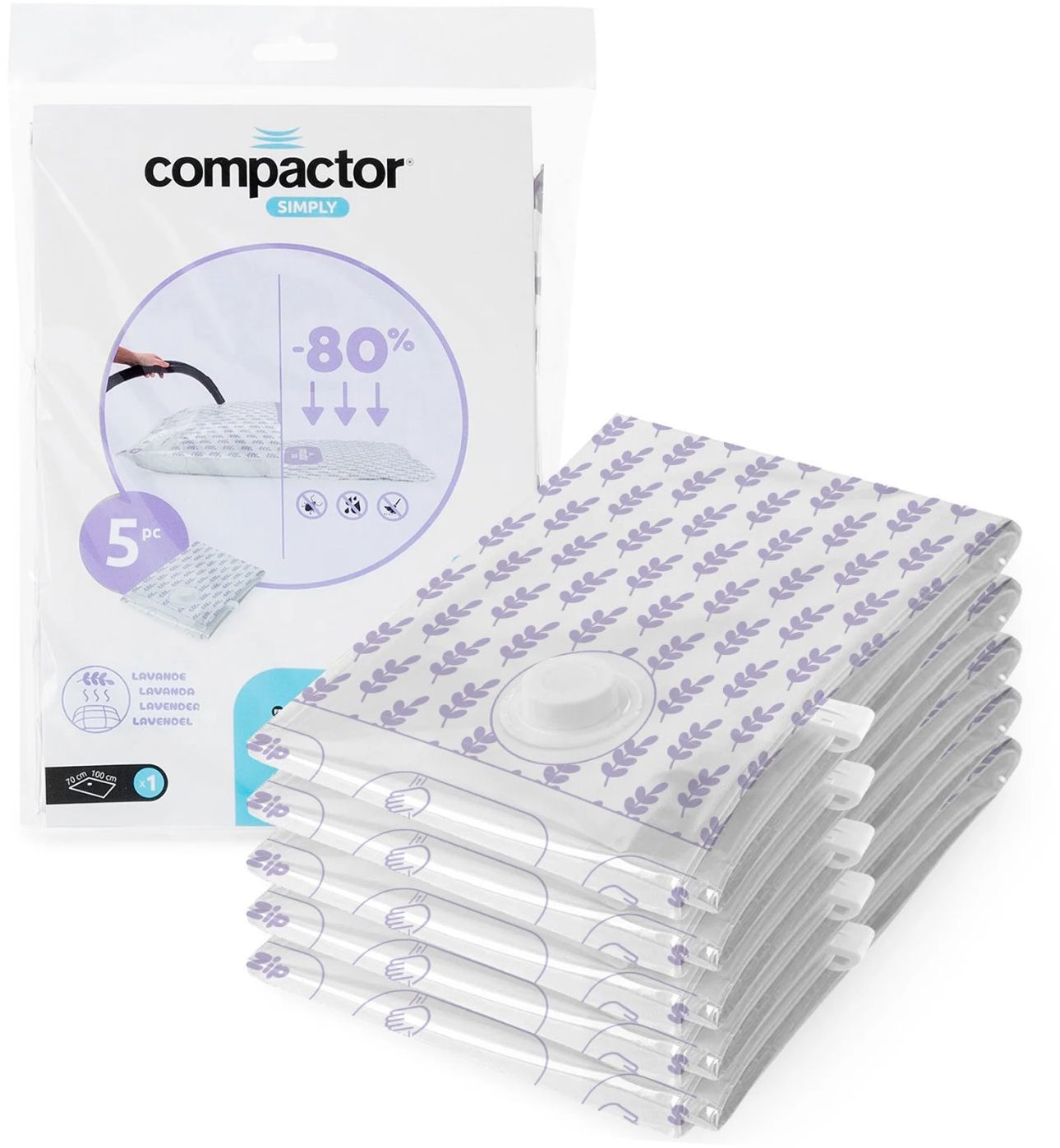 Compactor Sada 5 ks vakuových pytlů Compress L 100 litrů, s vůní Levandule, 70 × 100 cm
