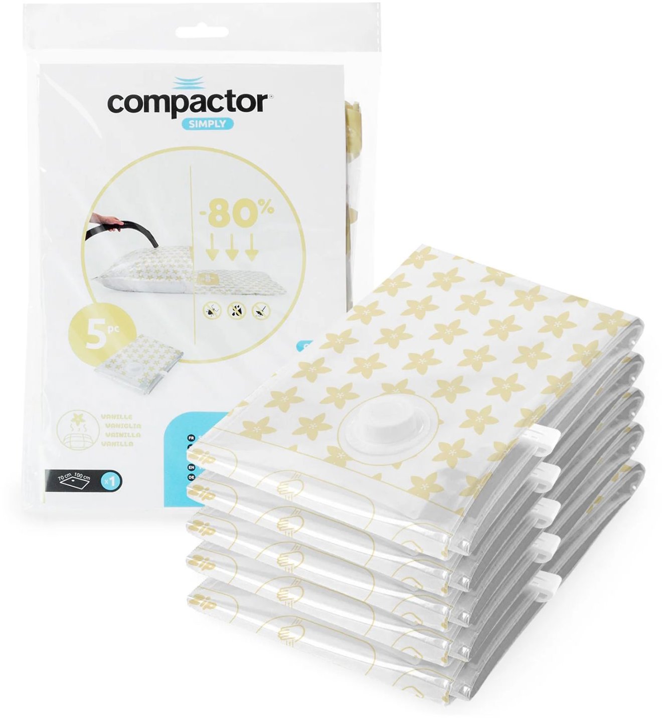 Compactor Sada 5 ks vakuových pytlů Compress L 100 litrů, s vůní Vanilka, 70 × 100 cm
