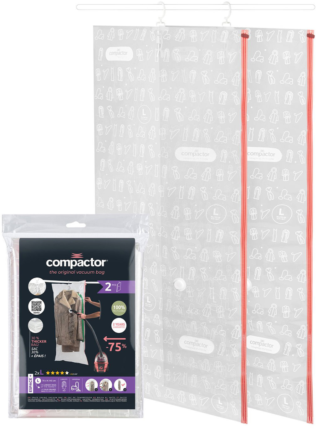 Compactor Sada vakuových závěsných vaků Aspispace 70 × 145 cm, 2 ks