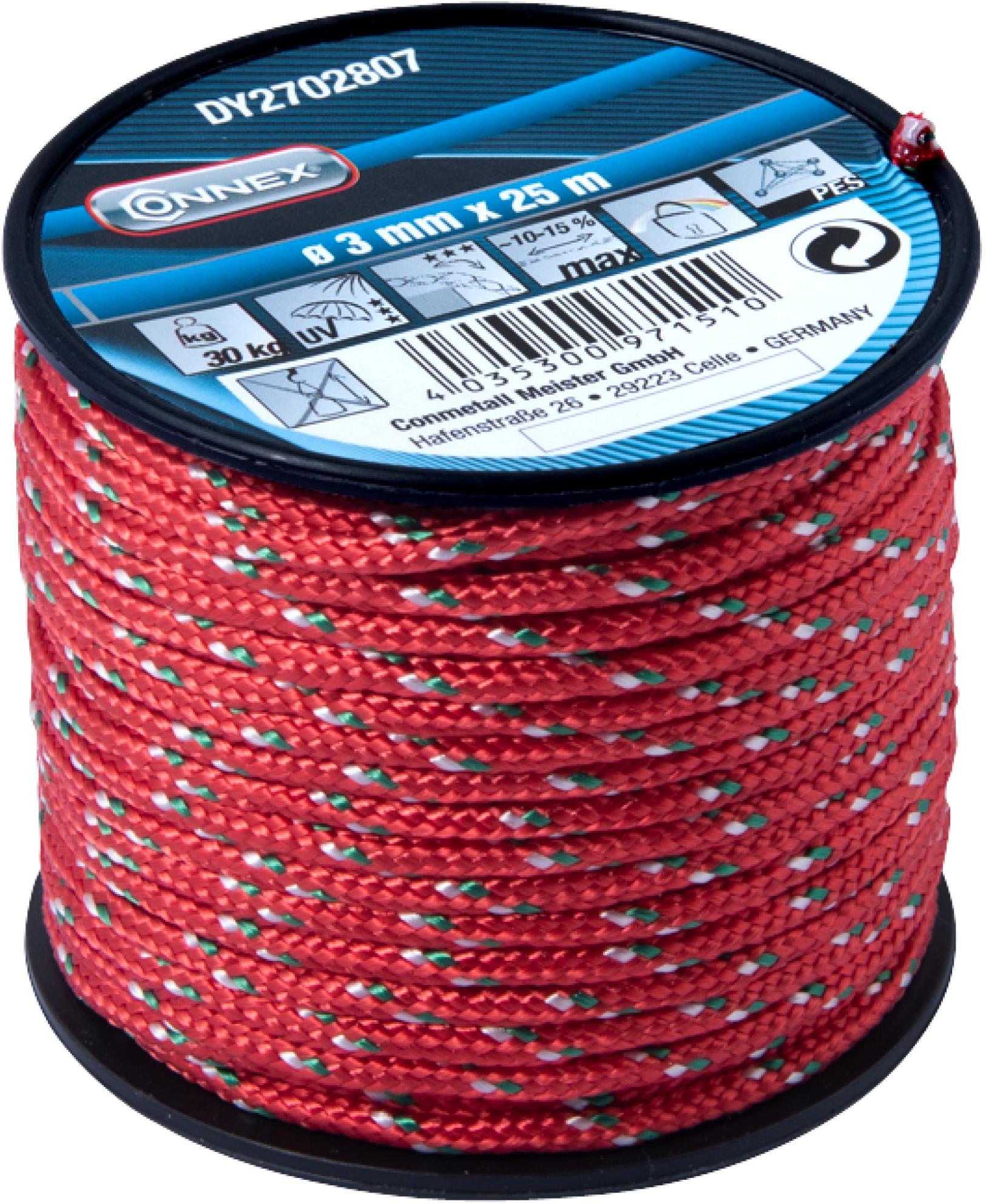 CONNEX PES pletené lano 16pramenné, 3 mm × 25 m, červ./zel./bílá