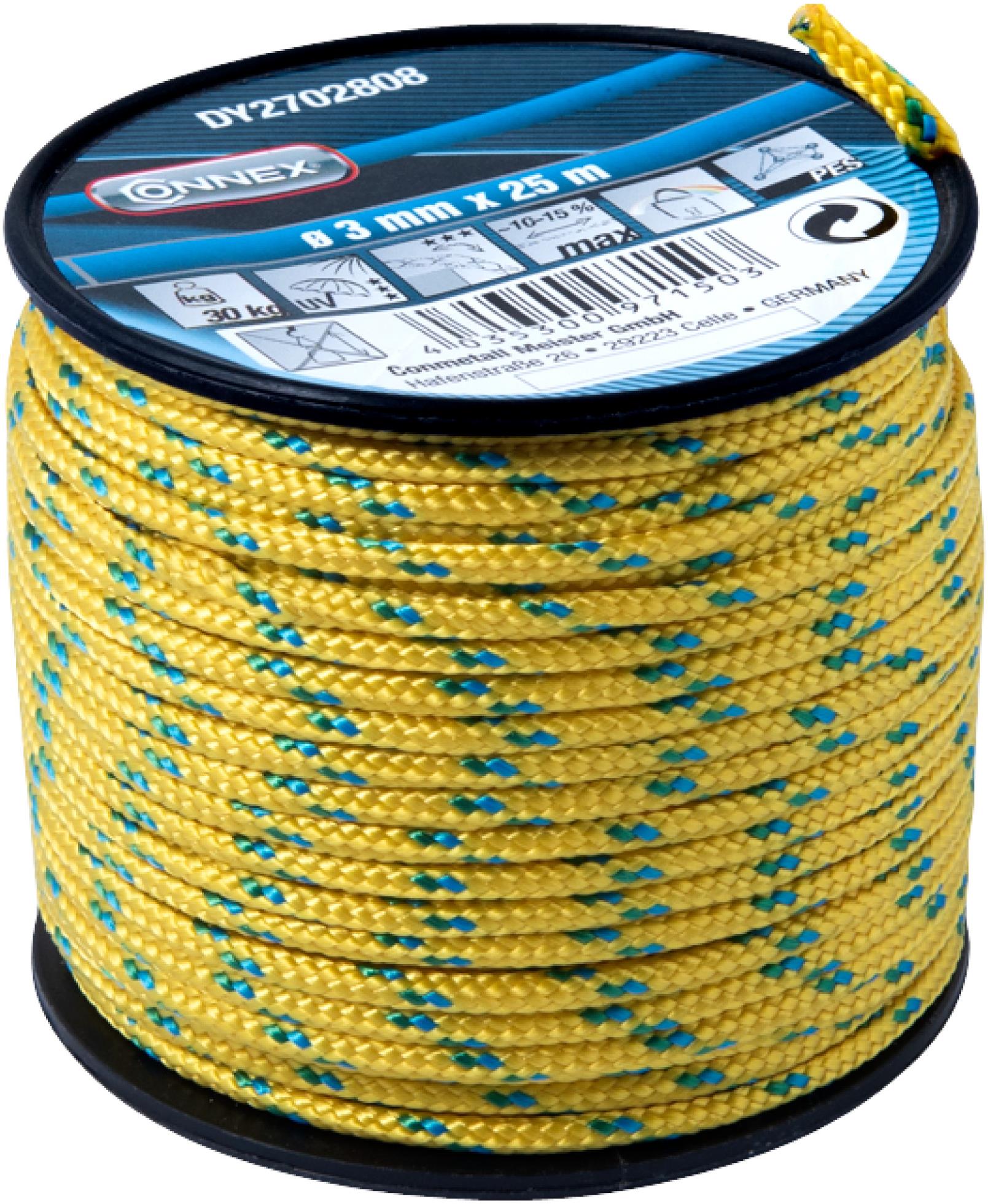 CONNEX PES pletené lano 16pramenné, 3 mm × 25 m, žlu./zel./modrá